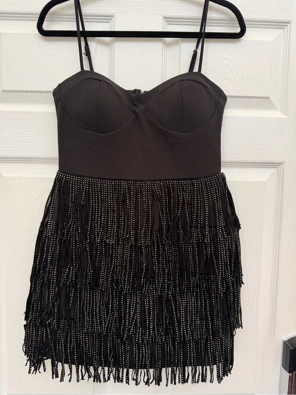 Francesca's Collections Black Spaghetti-Strap Fringe Mini Dress
